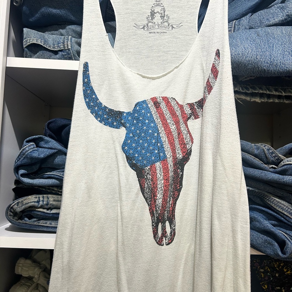 Bear Dance White Tank Top with American Flag Bull Design